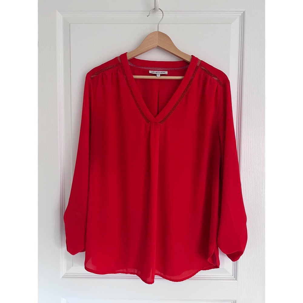 Heartloom Red V-Neck Crochet Trim Roll Tab Sleeve Blouse XXL Office Stylish